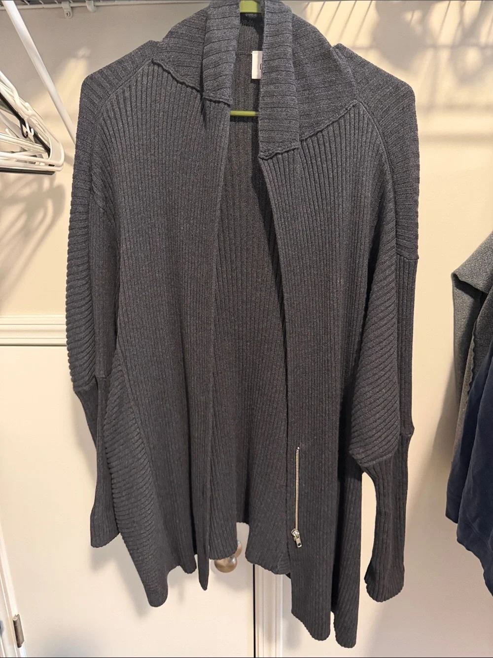 CAbi Charcoal Ribbed Open-Front Cardigan with Zip Detail